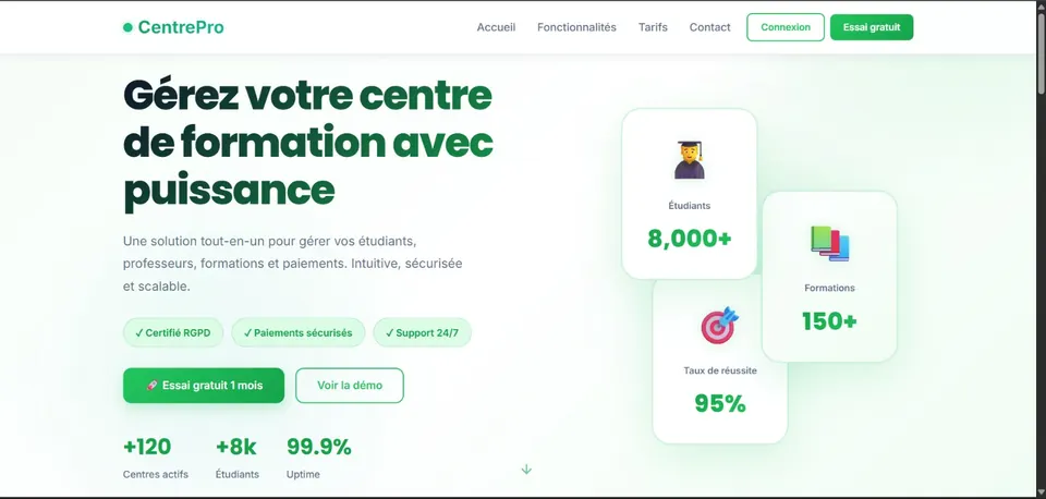 Page de présentation de la plateforme SaaS de gestion de centres de formation