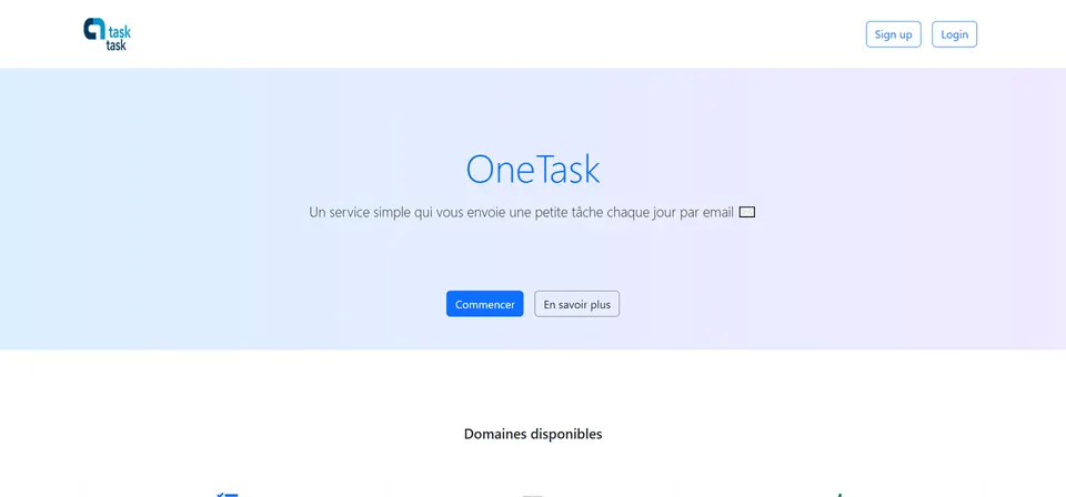Page d’accueil du service OneTask